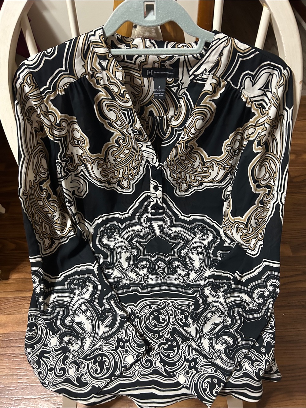INC International Concepts Black, White & Gold Baroque Print Tunic Blouse